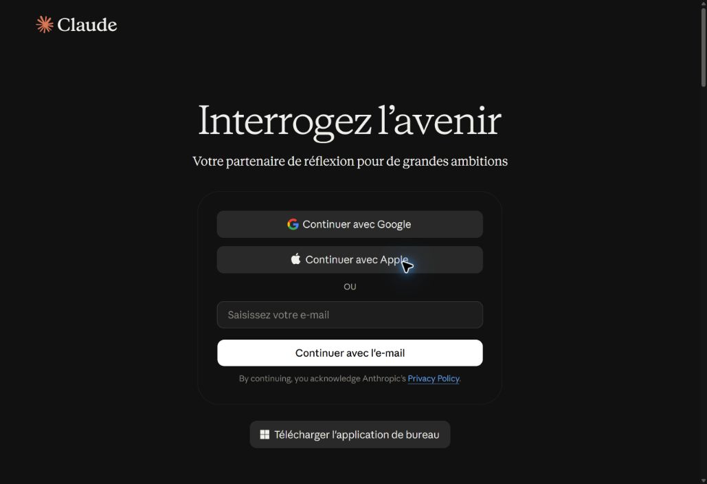 Page publique de connexion à Claude en français