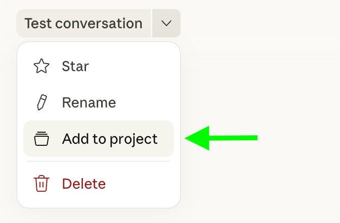 Menu officiel pour ajouter une conversation à un projet