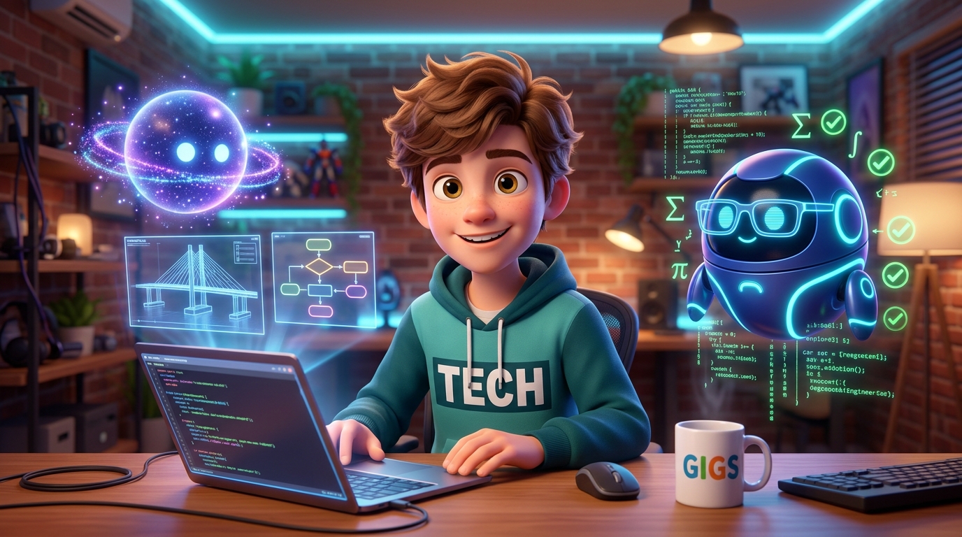 Gigs, en sweat « TECH », travaille sur son ordinateur portable. À gauche, une planète lumineuse projette un plan de pont et un schéma ; à droite, un petit robot à lunettes entouré de formules et de coches vertes.