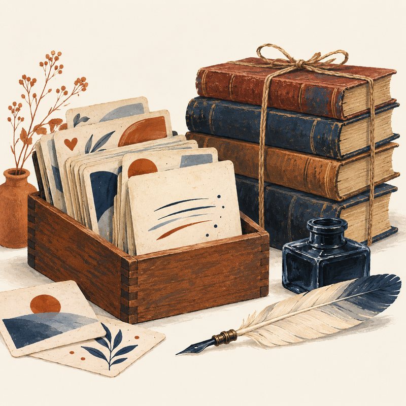 Des cartes à jouer anciennes, retournées, couvertes d’une écriture à la plume, rangées dans une boîte en bois.