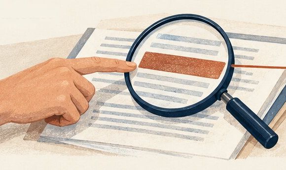 Un doigt montre une ligne surlignée sur une page, agrandie par une loupe : la réponse se vérifie à la source.