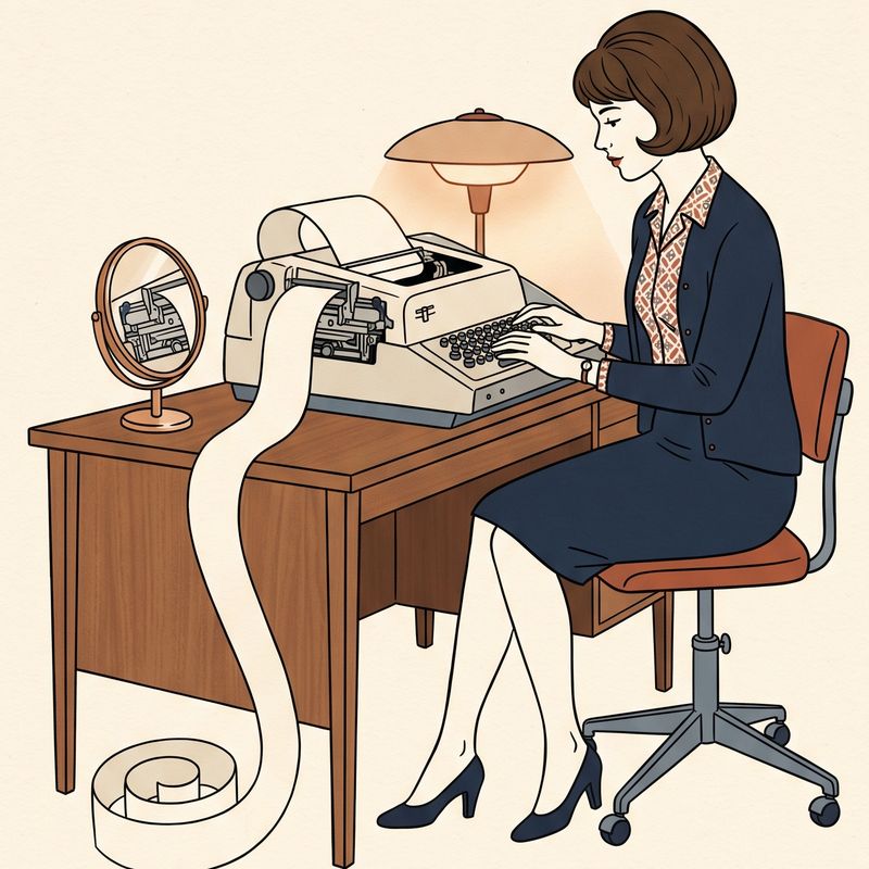 Une femme des années 1960 tape à son bureau sur un terminal à clavier ; un long ruban de papier imprimé descend jusqu’au sol.
