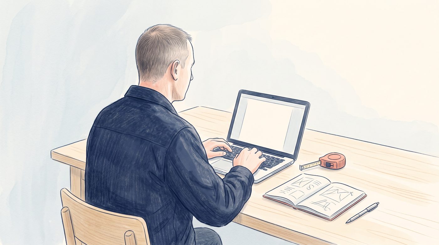 Illustration : HVK travaille sur son ordinateur portable, à côté d’un mètre ruban et d’un carnet de croquis
