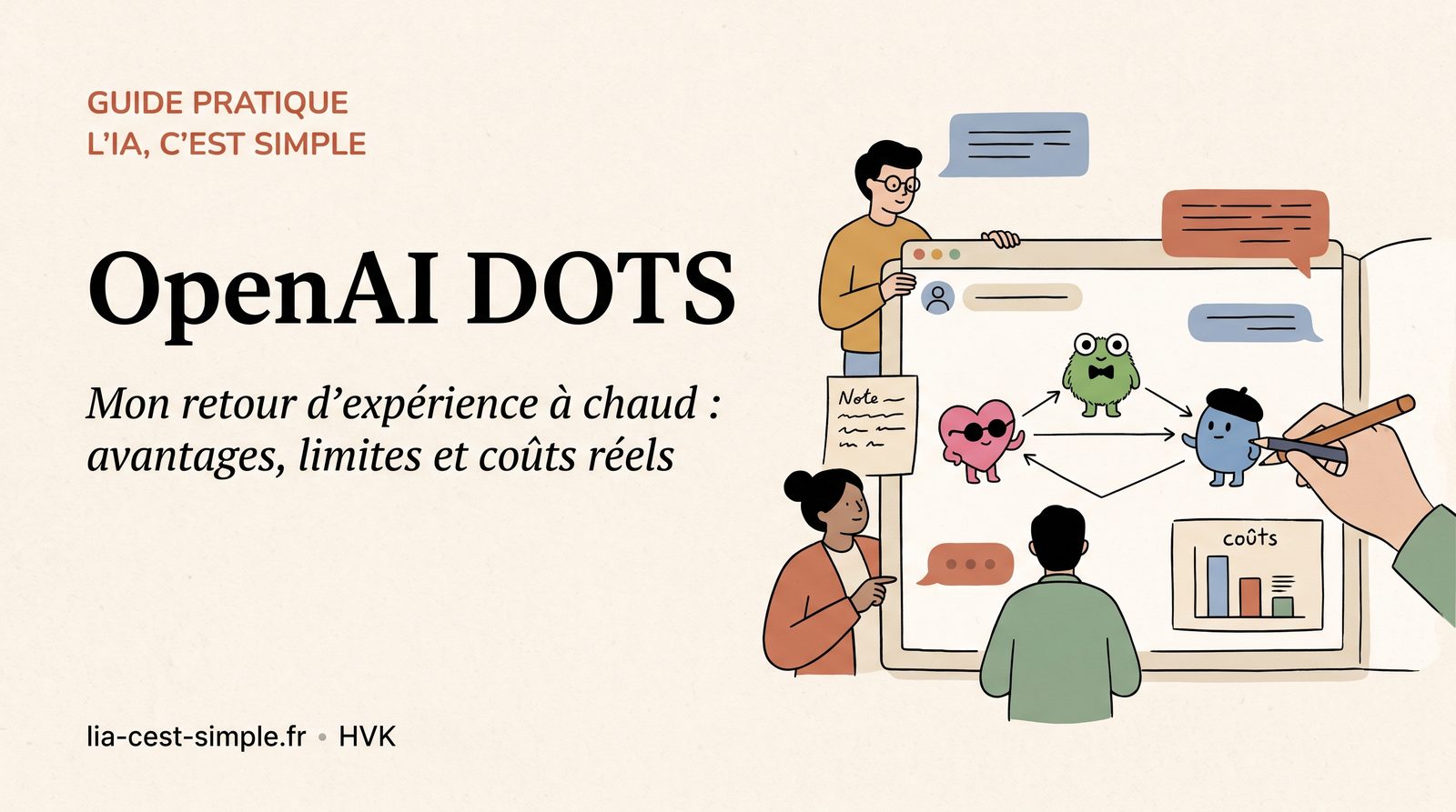 Illustration : des personnages colorés, dont un cœur rose à lunettes, travaillent autour d’un écran, avec un petit graphique de coûts