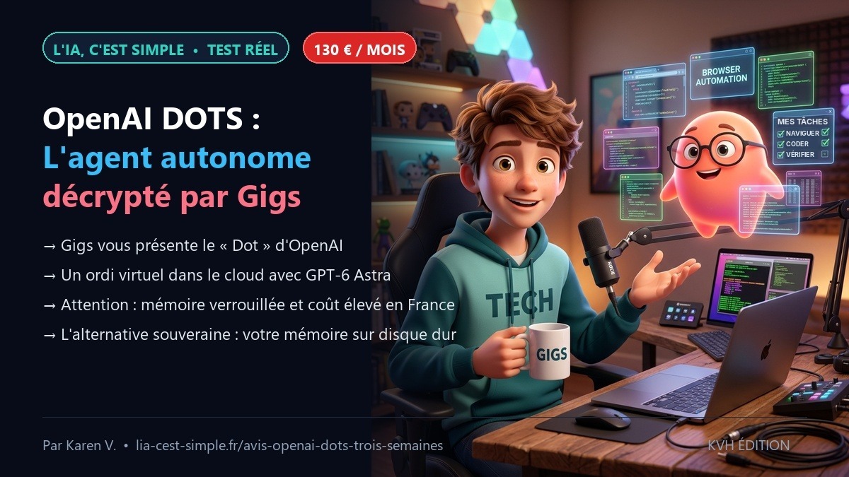 Gigs, tasse à la main, présente un dot, petite mascotte rose à lunettes, entouré d’écrans de code, d’automatisation du navigateur et d’une liste de tâches. Titre : « OpenAI DOTS : l’agent autonome décrypté par Gigs »