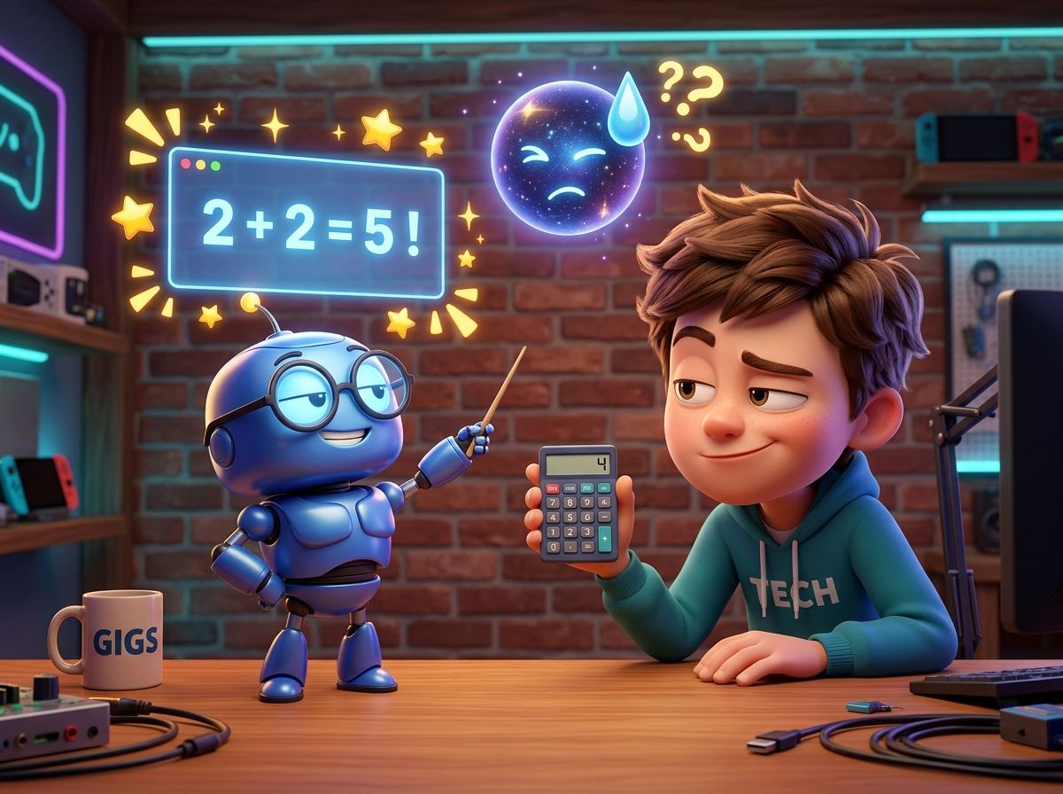 Le petit robot à lunettes montre fièrement un écran « 2 + 2 = 5 ! » ; Gigs, sourcil levé, lui tend une calculatrice qui affiche 4.