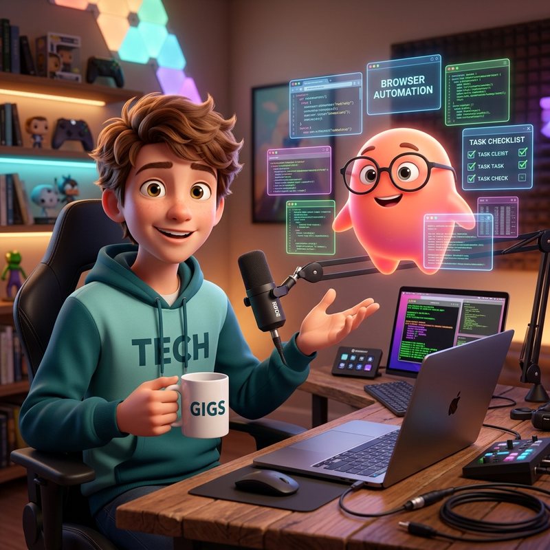 Illustration : Gigs, mug à la main dans son studio, présente un dot rose à lunettes entouré d’écrans de code, d’automatisation du navigateur et d’une liste de tâches