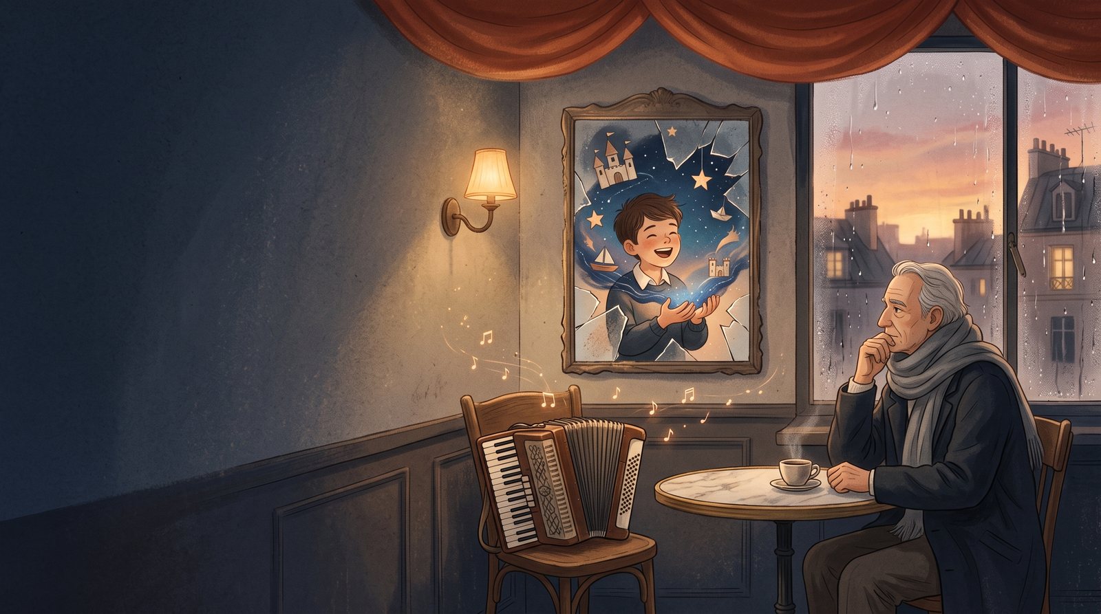 Illustration : dans un café parisien au crépuscule, un vieil homme en écharpe regarde un miroir brisé où rit un petit garçon entouré de châteaux et d’étoiles ; un accordéon repose sur une chaise