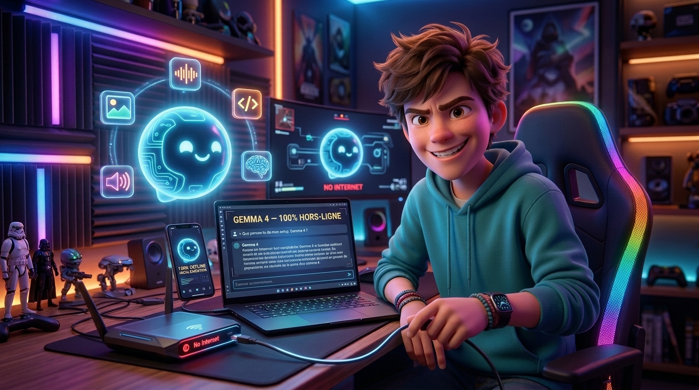 Gigs débranche son routeur Wi-Fi en souriant pendant que Gemma 4 continue de fonctionner hors-ligne sur son PC