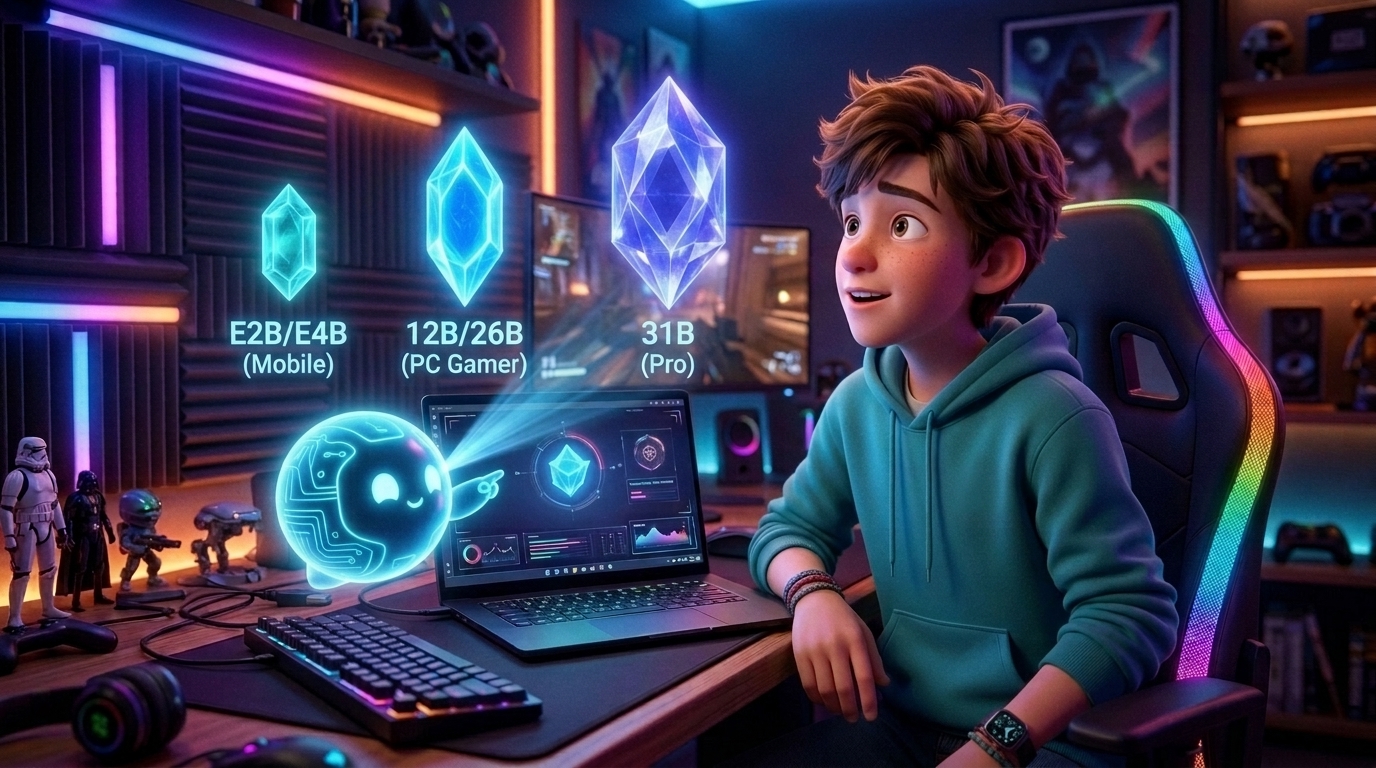 Gigs observe trois cristaux holographiques représentant les tailles de Gemma 4 : E2B/E4B Mobile, 12B/26B PC Gamer et 31B Pro