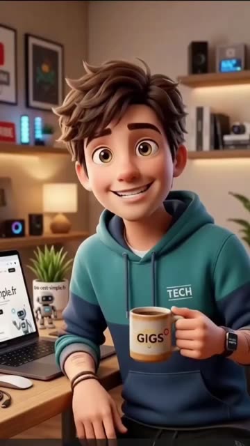 Gigs, la mascotte de L’IA, c’est simple, sourit avec sa tasse