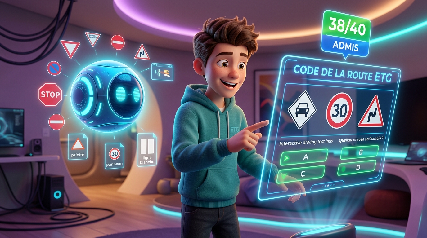 Gigs et Argon dans leur studio projetant une tablette holographique avec le test du Code de la route