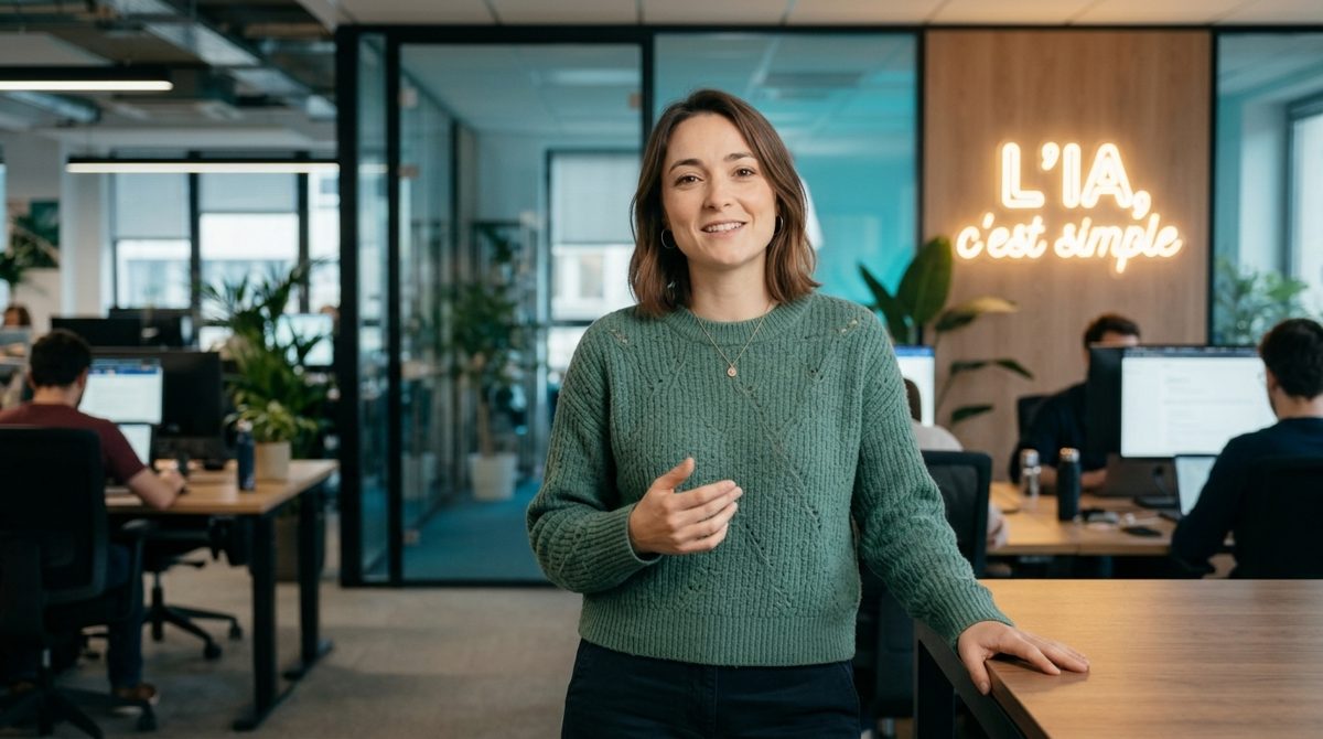 Sara, debout dans un bureau moderne aux parois vitrées, s’appuie sur une table ; derrière elle, des collègues sur ordinateur et un néon « L’IA, c’est simple ».