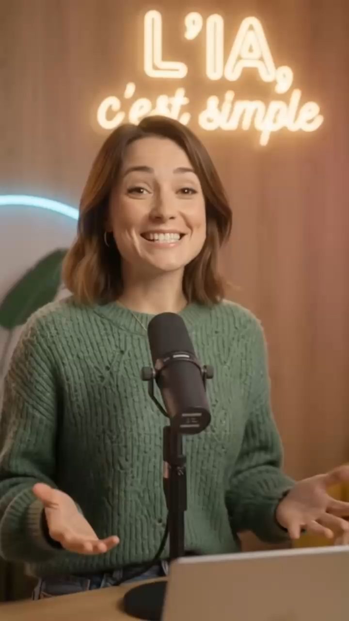 Sara, au micro de studio, sourit et ouvre les mains comme pour expliquer quelque chose ; au-dessus d’elle, le néon « L’IA, c’est simple ».