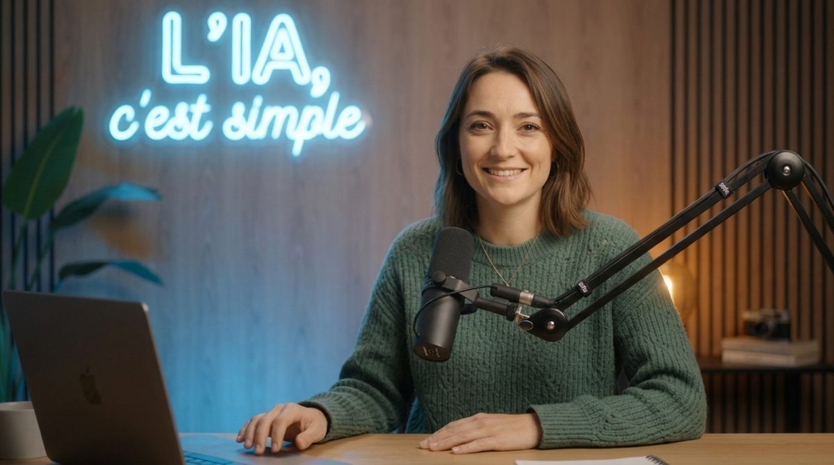 Sara, cheveux châtains au carré et pull vert, sourit derrière un micro de studio, assise à un bureau avec un ordinateur portable ; au mur, un néon bleu « L’IA, c’est simple ».